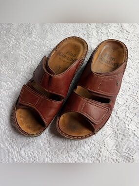 Vintage Y2K Finn Comfort Sandals Brown Leather Velcro Double Strap Size 37